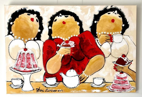 Image 1 of Theo Broeren "High Tea" - Peinture originale sur toile - 80Cm X 120Cm - Avec certificat d'authenticité