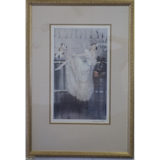Gravure vintage d'une dame avec deux terriers par Louis Icart