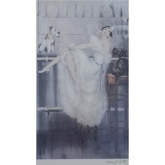 Image 1 of Gravure vintage d'une dame avec deux terriers par Louis Icart