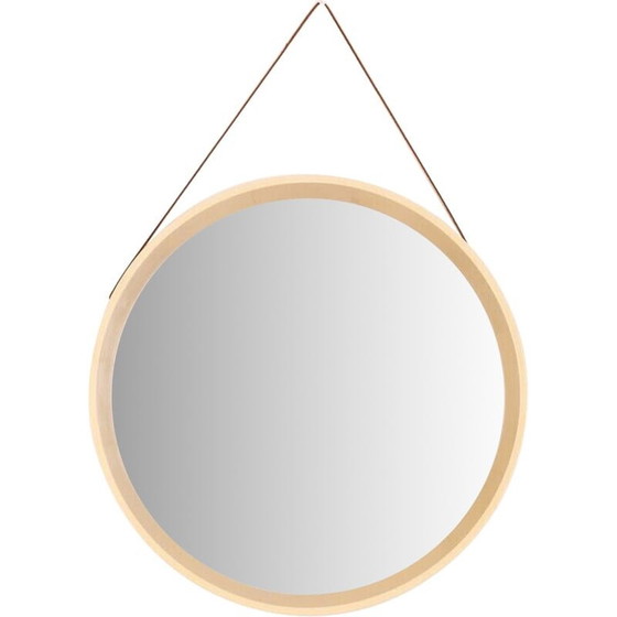 Image 1 of Miroir mural rond vintage avec cadre en cuir et plastique, Danemark, années 1960