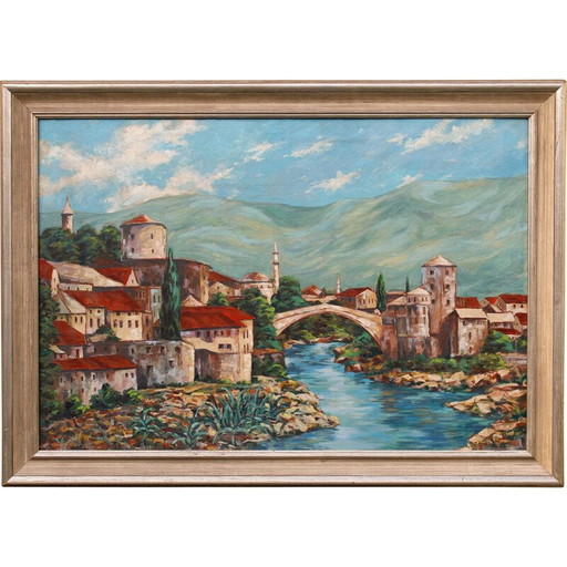 Huile sur carton vintage "Mostar en Bosnie" d'Alfred Zährl, années 1940