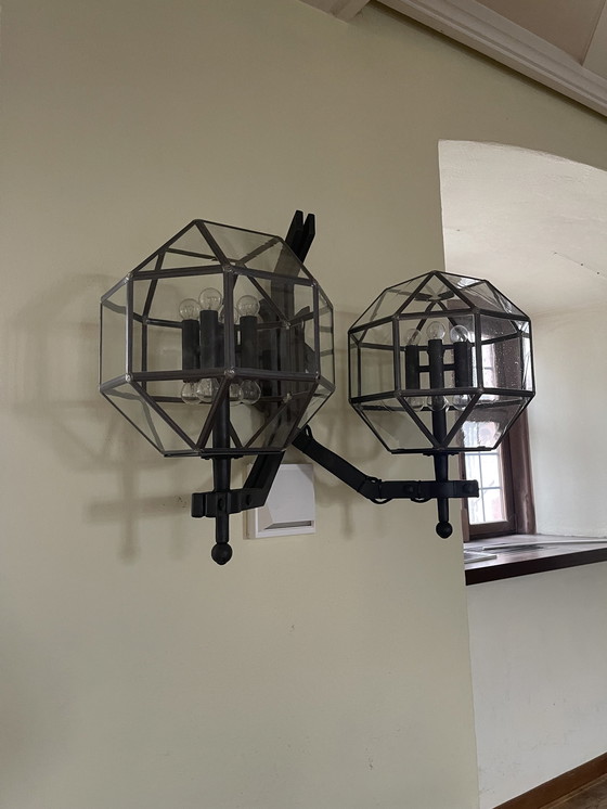 Image 1 of Lampes Château Double Globe en Fer Forgé avec Sphères en Verre au Plomb