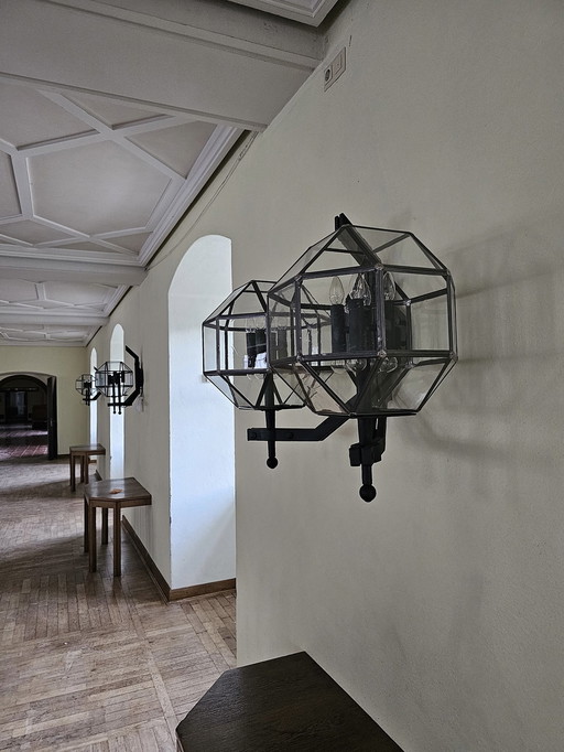 Lampes Château Double Globe en Fer Forgé avec Sphères en Verre au Plomb