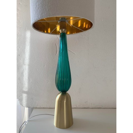 Image 1 of Lampe de table contemporaine en verre de Murano vert de mer avec abat-jour