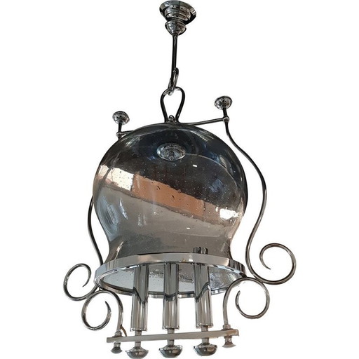 Lampe suspendue vintage en verre bullé, Italie 1970