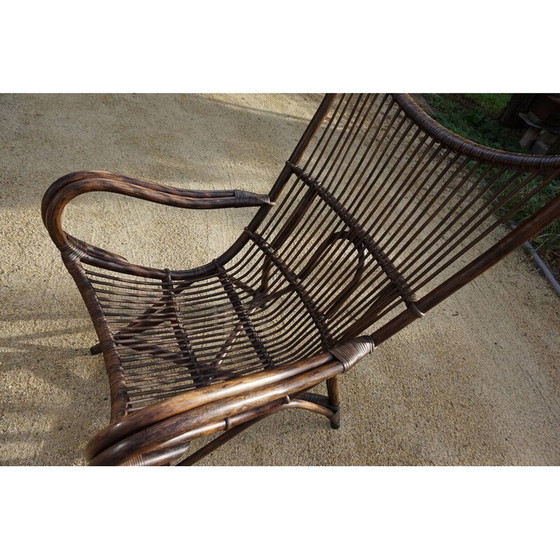 Image 1 of Chaise longue vintage en bambou et cuir "sculptural fan back", 1960s