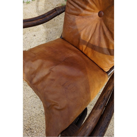 Image 1 of Chaise longue vintage en bambou et cuir "sculptural fan back", 1960s