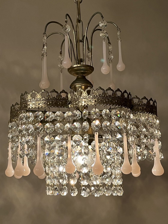 Image 1 of Lampe pendante en cristal Vintage Opaline Pink Teardrop Chandelier Crystal
