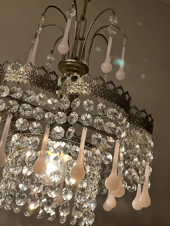 Image 1 of Lampe pendante en cristal Vintage Opaline Pink Teardrop Chandelier Crystal