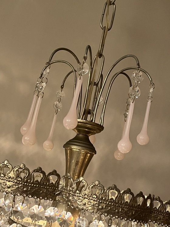 Image 1 of Lampe pendante en cristal Vintage Opaline Pink Teardrop Chandelier Crystal