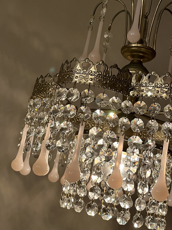 Image 1 of Lampe pendante en cristal Vintage Opaline Pink Teardrop Chandelier Crystal