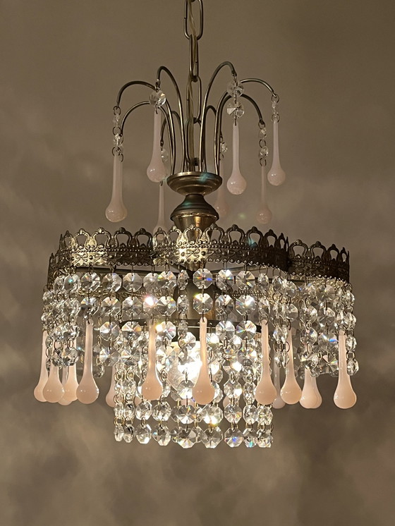 Image 1 of Lampe pendante en cristal Vintage Opaline Pink Teardrop Chandelier Crystal