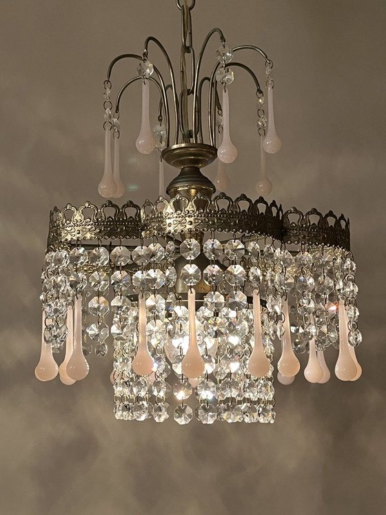 Image 1 of Lampe pendante en cristal Vintage Opaline Pink Teardrop Chandelier Crystal