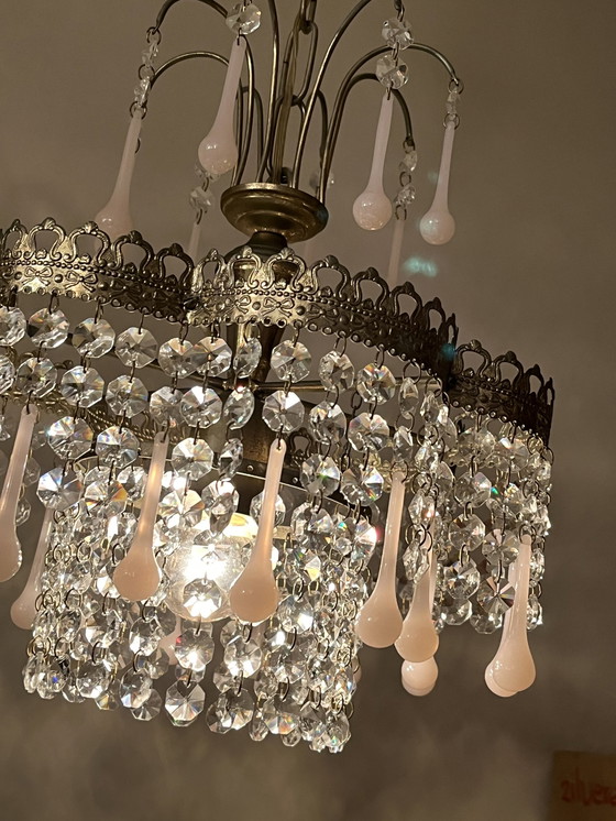 Image 1 of Lampe pendante en cristal Vintage Opaline Pink Teardrop Chandelier Crystal