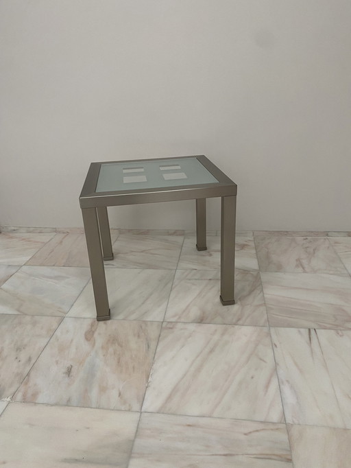 Table d'appoint en acier inoxydable avec plateau en verre