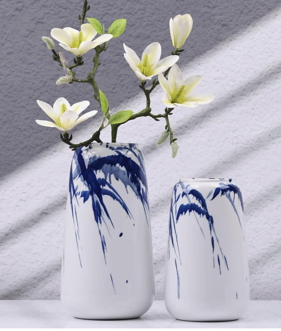 Image 1 of Vases En Céramique Bleu Et Blanc, Vases Décoratifs Émaillés Bleu Marine 