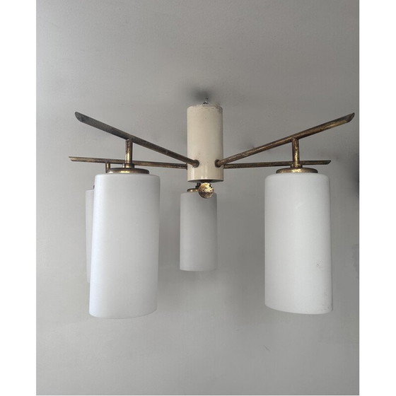 Image 1 of Plafonnier vintage à 5 branches en laiton et opaline, Italie 1950