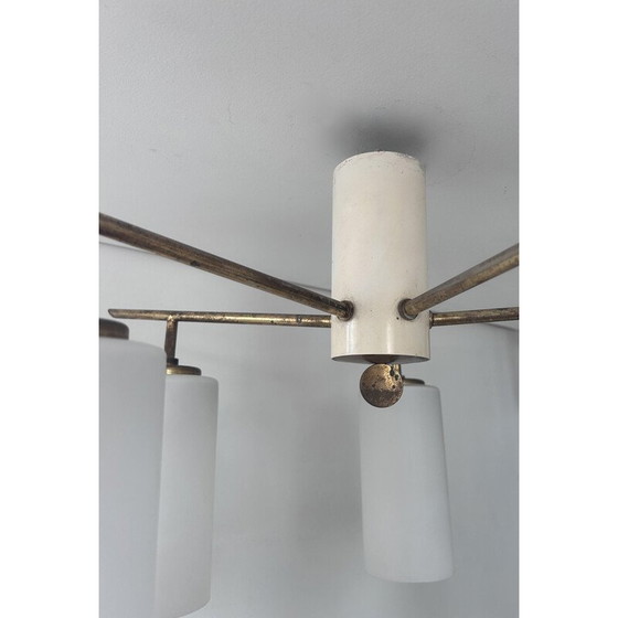 Image 1 of Plafonnier vintage à 5 branches en laiton et opaline, Italie 1950