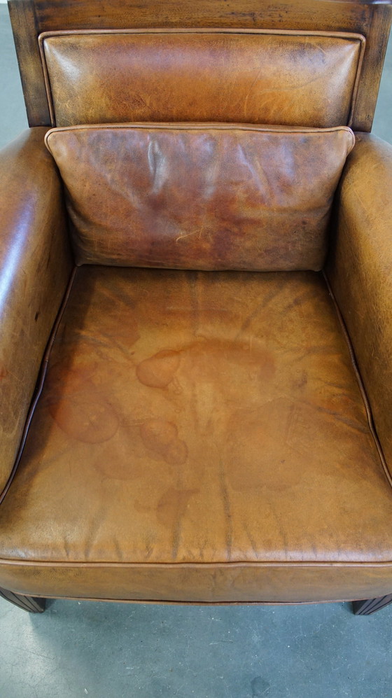 Image 1 of Fauteuil Art Déco en cuir de mouton avec coussin