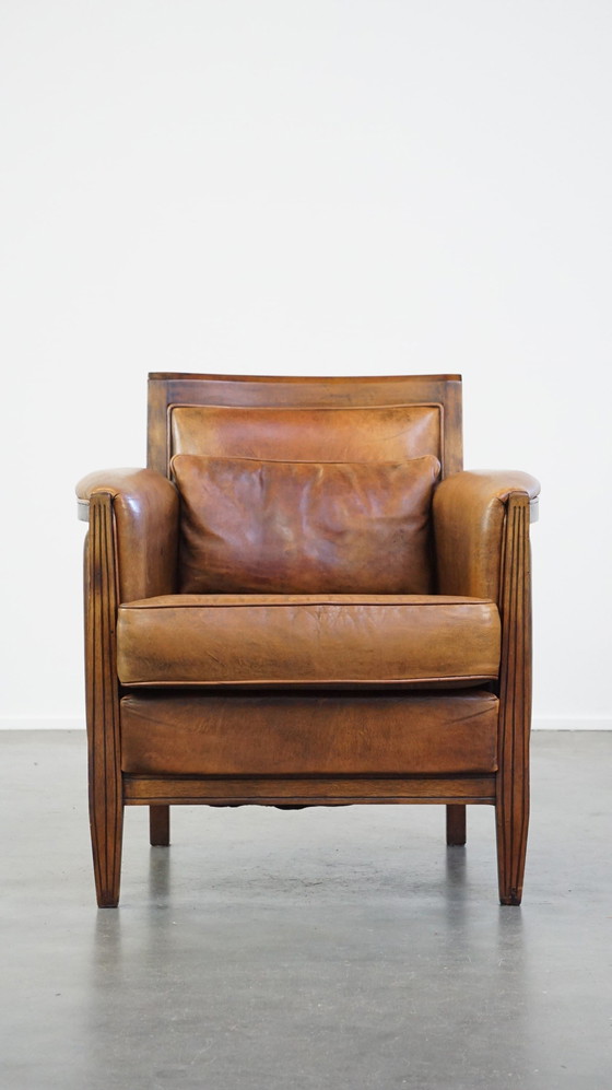 Image 1 of Fauteuil Art Déco en cuir de mouton avec coussin