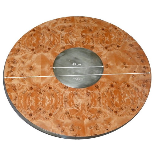 Table ronde vintage en ronce de cèdre et métal doré, 1980