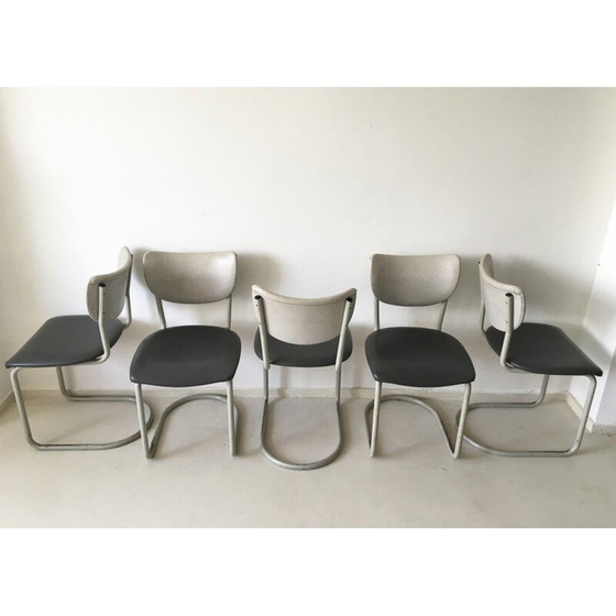 Image 1 of Ensemble de 10 chaises Gispen en similicuir gris, Frères DE WIT - années 1950