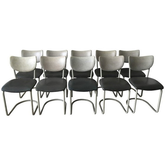 Image 1 of Ensemble de 10 chaises Gispen en similicuir gris, Frères DE WIT - années 1950