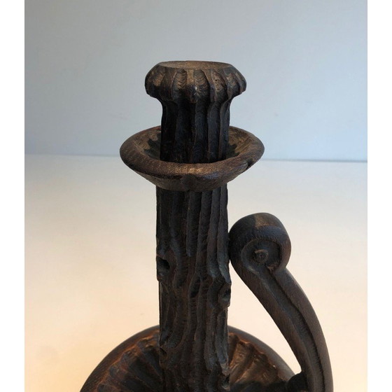 Image 1 of Paire de chandeliers vintage en bois sculpté brutaliste, France 1950s