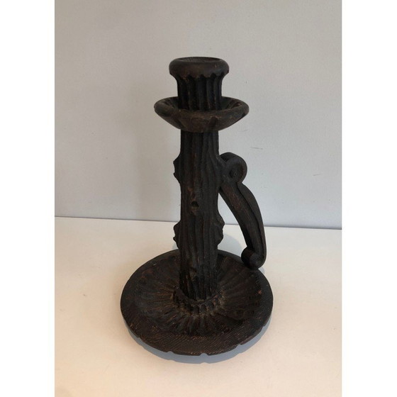 Image 1 of Paire de chandeliers vintage en bois sculpté brutaliste, France 1950s