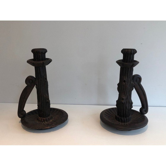 Image 1 of Paire de chandeliers vintage en bois sculpté brutaliste, France 1950s