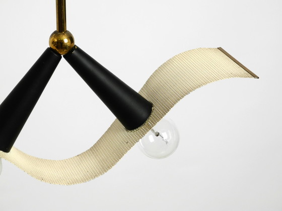 Image 1 of Original Mid Century Brass Ceiling Cone Lamp With A Curved Perforated Sheet Lampshade