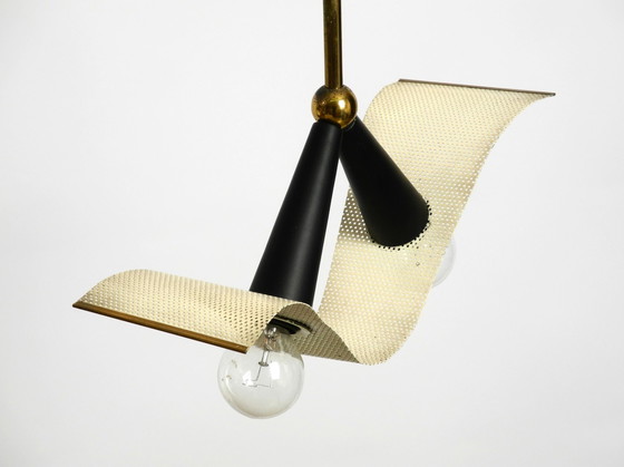 Image 1 of Original Mid Century Brass Ceiling Cone Lamp With A Curved Perforated Sheet Lampshade