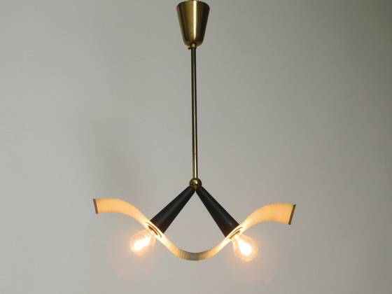 Image 1 of Original Mid Century Brass Ceiling Cone Lamp With A Curved Perforated Sheet Lampshade