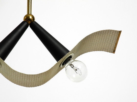 Image 1 of Original Mid Century Brass Ceiling Cone Lamp With A Curved Perforated Sheet Lampshade