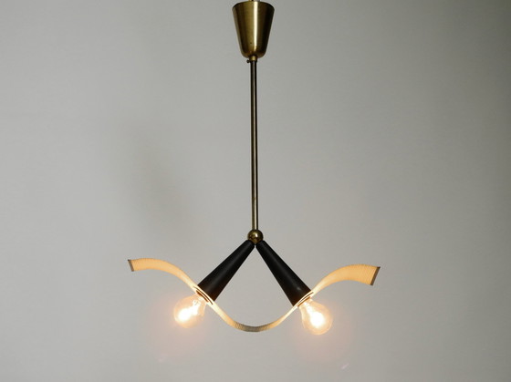 Image 1 of Original Mid Century Brass Ceiling Cone Lamp With A Curved Perforated Sheet Lampshade