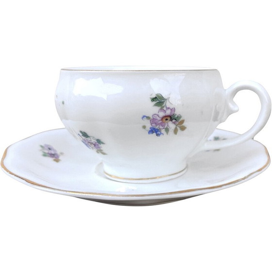 Image 1 of Tasse et soucoupe en porcelaine blanche émaillée en forme de tonneau Art Nouveau pour Koenigszelt, 1930