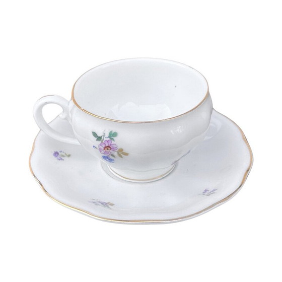 Image 1 of Tasse et soucoupe en porcelaine blanche émaillée en forme de tonneau Art Nouveau pour Koenigszelt, 1930