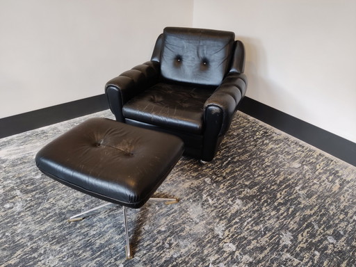 Fauteuil Club Avec Pouf, Cuir Noir