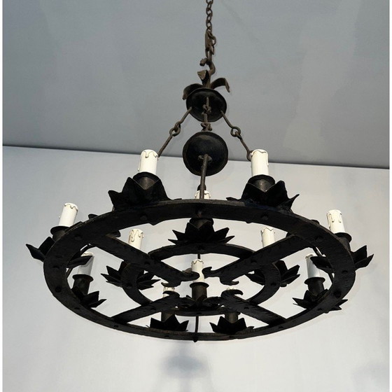 Image 1 of Lustre vintage en fer forgé à 12 lumières, France 1940