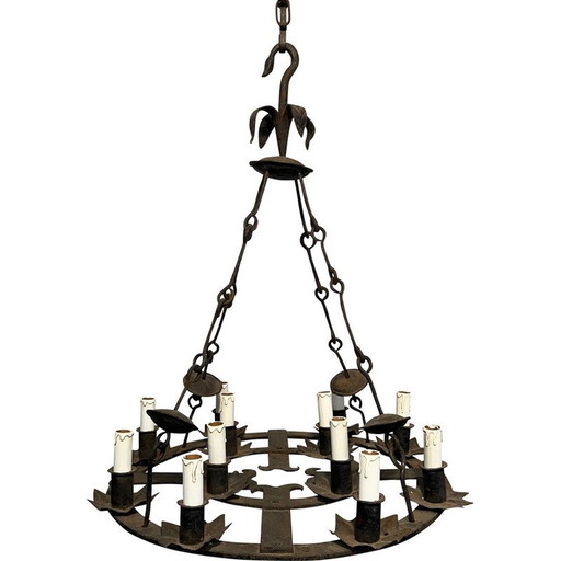 Lustre vintage en fer forgé à 12 lumières, France 1940