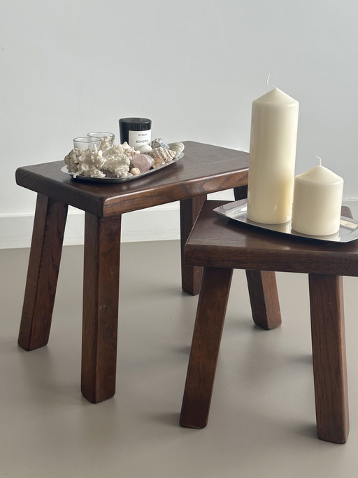 Vintage Brutalist Nesting Mimi Set Side Tables Chêne Massif