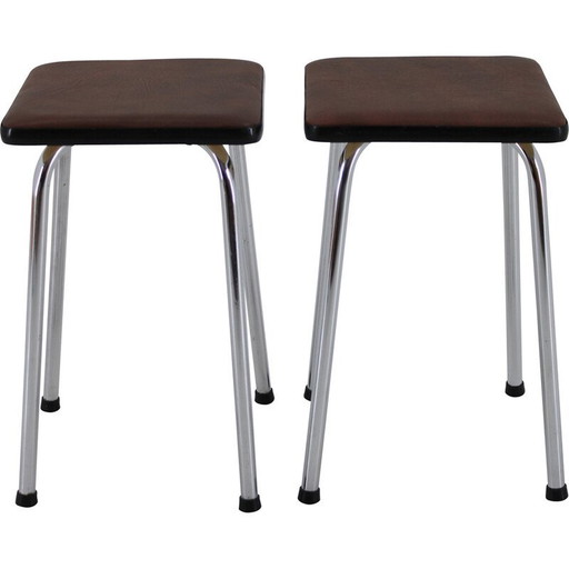 Paire de tabourets vintage en faux cuir et aluminium, Tchécoslovaquie 1970