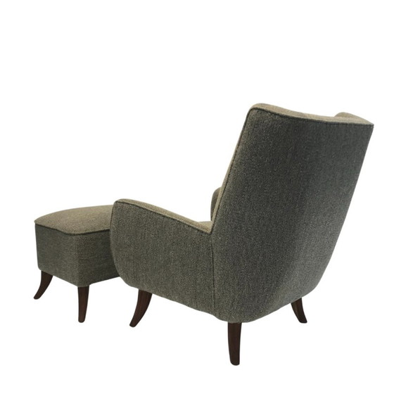 Image 1 of Fauteuil vintage avec ottoman en bois et tapissé de tissu bouclé par Osvaldo Borsani, Italie années 1950