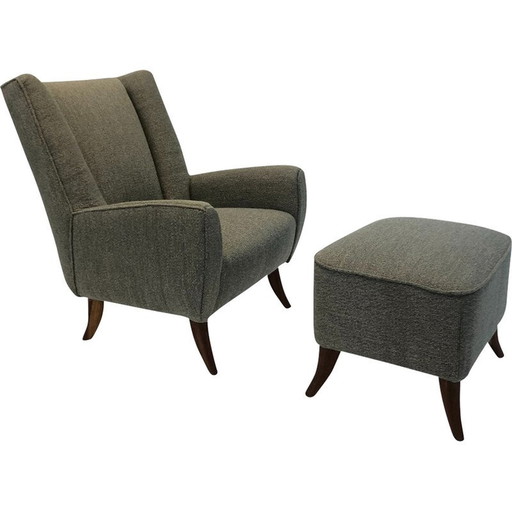 Fauteuil vintage avec ottoman en bois et tapissé de tissu bouclé par Osvaldo Borsani, Italie années 1950