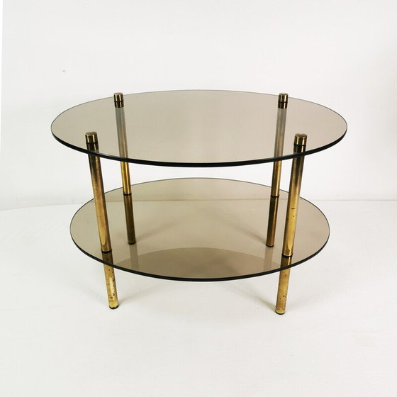 Image 1 of Table basse vintage minimaliste ovale en laiton et verre, Allemagne 1960