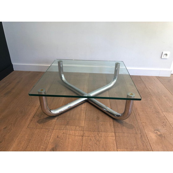 Image 1 of Table basse vintage chromée avec plateau en verre