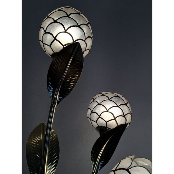 Image 1 of Lampadaire floral vintage en laiton et nacre par Capiz, France 1970