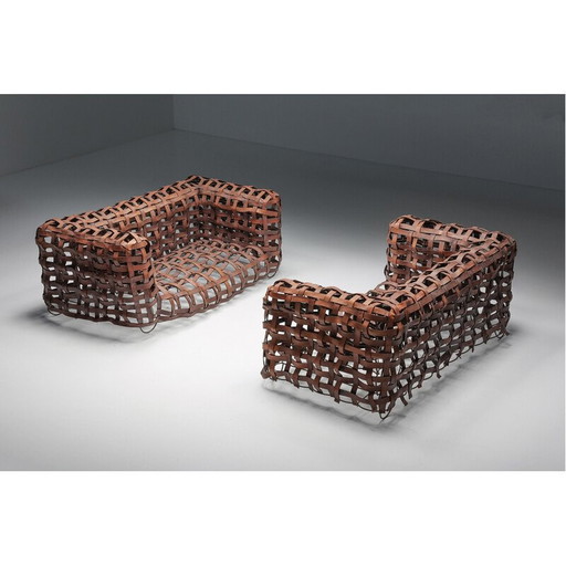 Canapé sculptural vintage en cuir tressé, années 1950