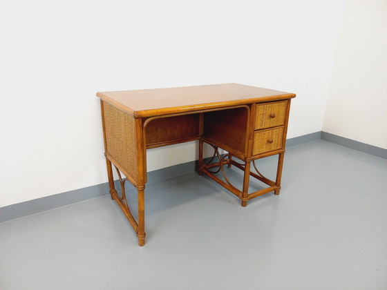 Image 1 of Bureau Vintage en Rotin, Rotin Tressé et Bois Style Maugrion pour Roche-Bobois des Années 70
