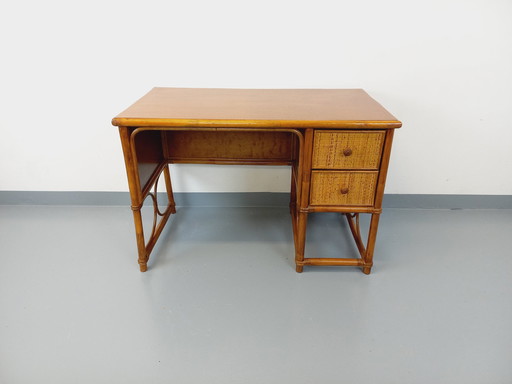 Bureau Vintage en Rotin, Rotin Tressé et Bois Style Maugrion pour Roche-Bobois des Années 70